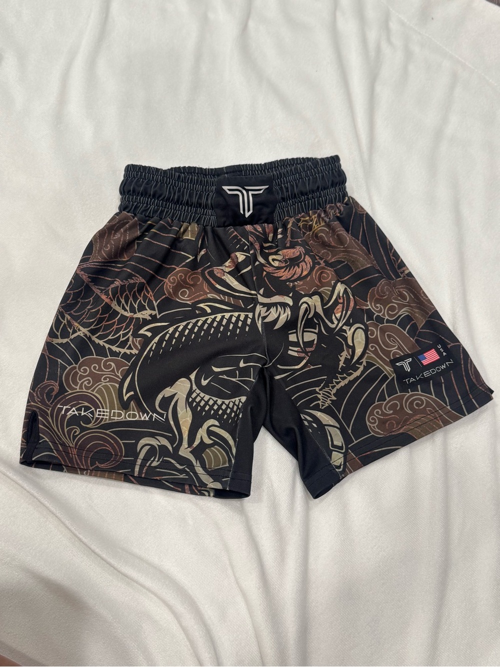 H&M Black Athletic Shorts with Brown & Cream Dragon Print
